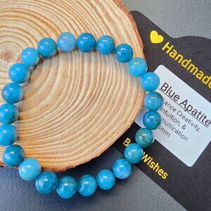 Blue Apatite ✦ Handmade 8mm Bead Bracelet ✦ Elastic Gemstone Jewelry NWT
